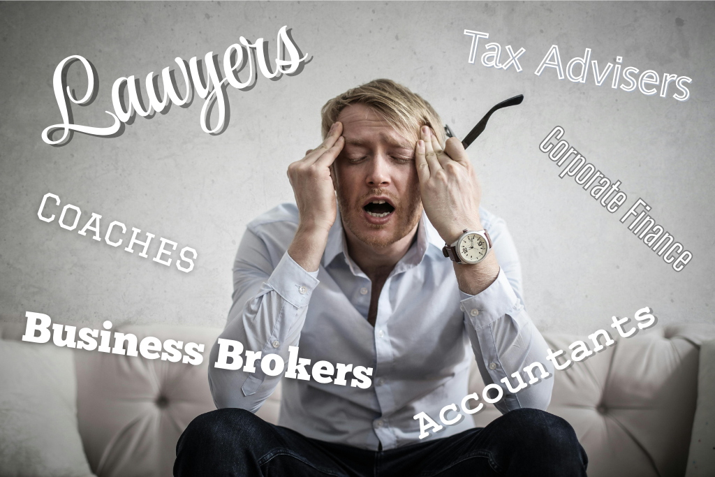 Confused looking man surrounded by words like Lawyer, Accountant, Tax Adviser, etc.