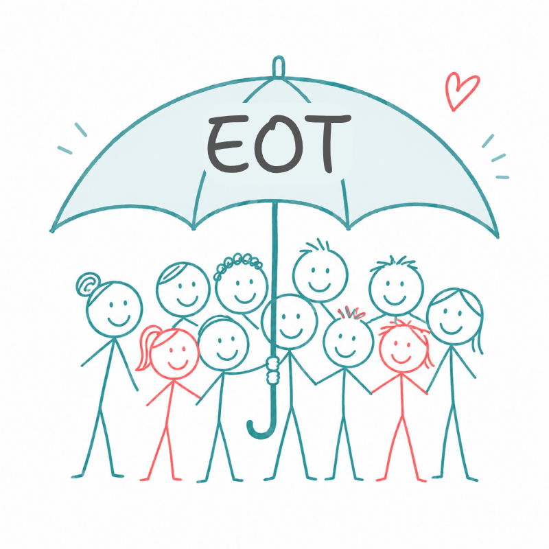 Doodle-style illustration of a team of people sheltering under an umbrealla with EOT written on it