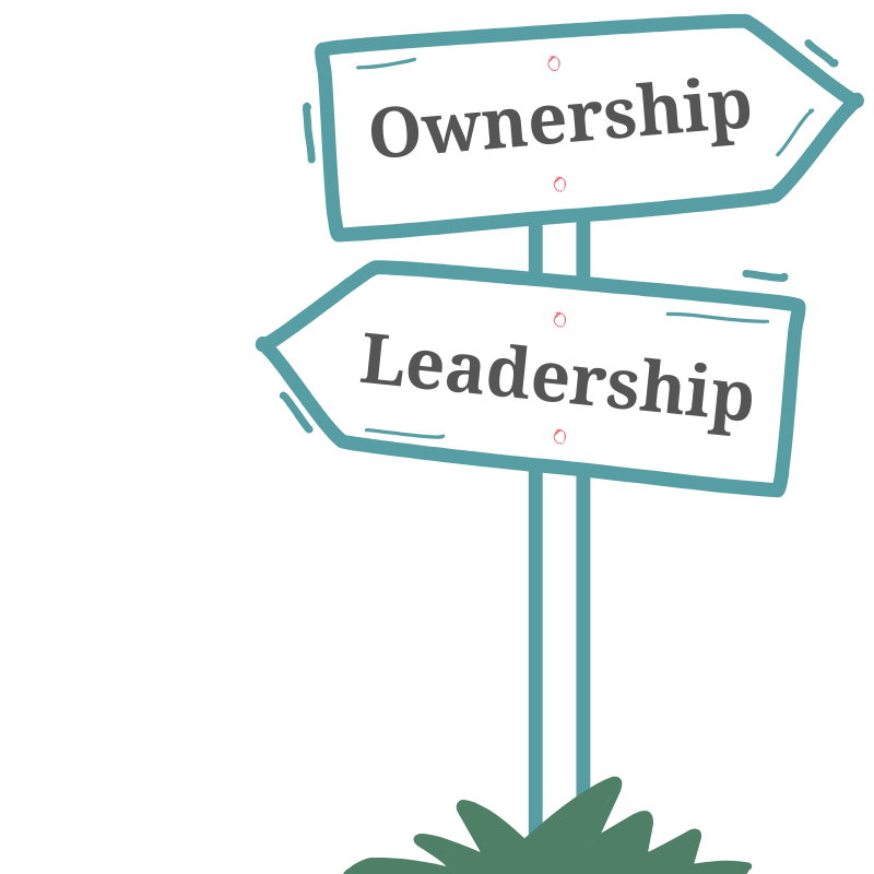 Illustration of a signpost with two opposing signs. One says 'Leadership', and the other 'Ownership'