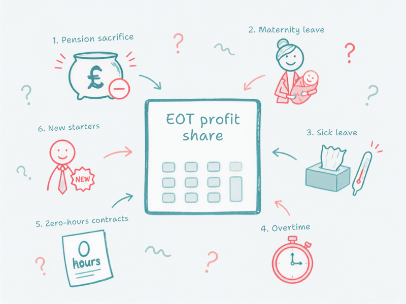 An infographic showing the exrta considerations to think about when deciding the profit share in an EOT. Pension sacrifice, maternity leave, new starters, sick leave, zero-hours contracts, overtime.