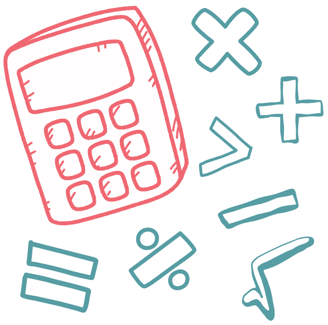 An illustration showing a calculator and various mathematical symbols.