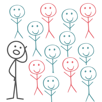 Illustration of a stick figure listening to lots of other stick figures