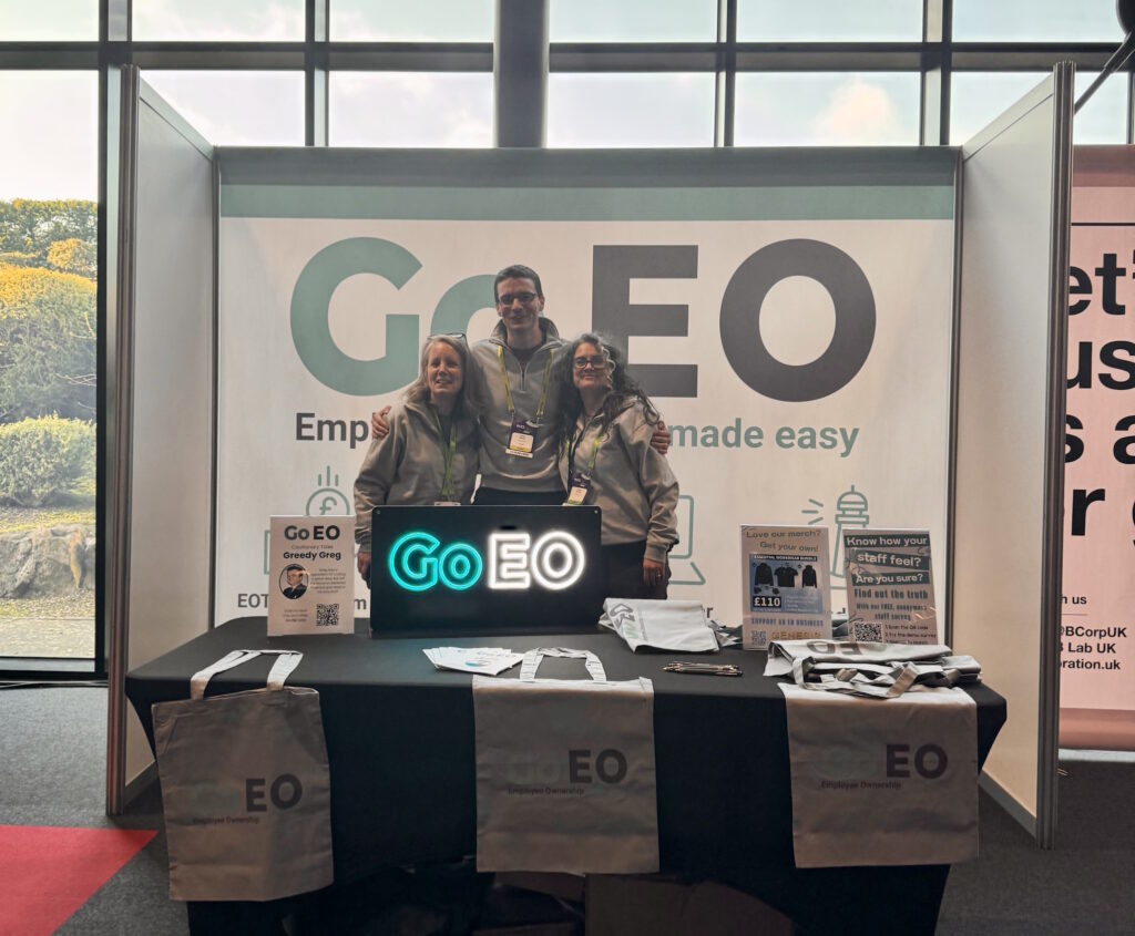 Go EO's stand at the eoa conference 2024, with Laura Brunnen, Chris Maslin and Emma Melville